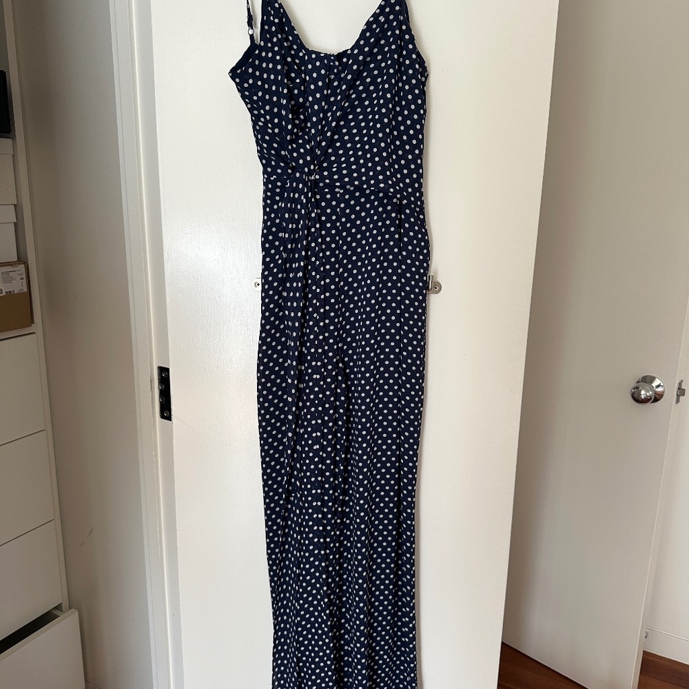 Navy Polka-Dot Twist-Front Wide-Leg Jumpsuit – Effortlessly Chic & Flattering
